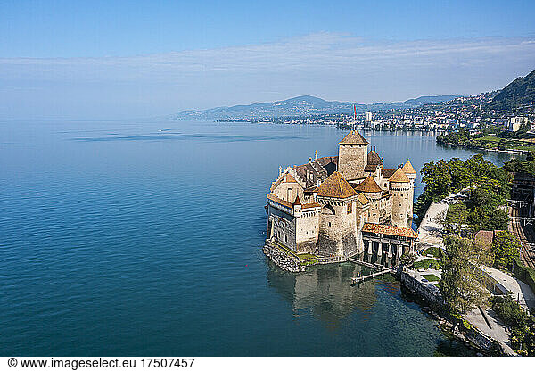 Switzerland  Canton of Vaud  Veytaux  Aerial view of Lake Geneva and Chillon Castle