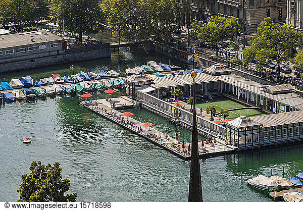 Switzerland  Canton of Zurich  Zurich  Swimming pool and boats on Limmat river