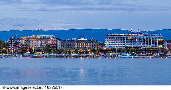 Switzerland  Geneva  Lake Geneva  luxury hotels at dusk