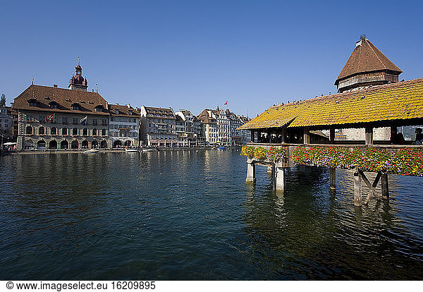 Switzerland  Lucerne  River Reuss with Chapel Bridge and Water Tower