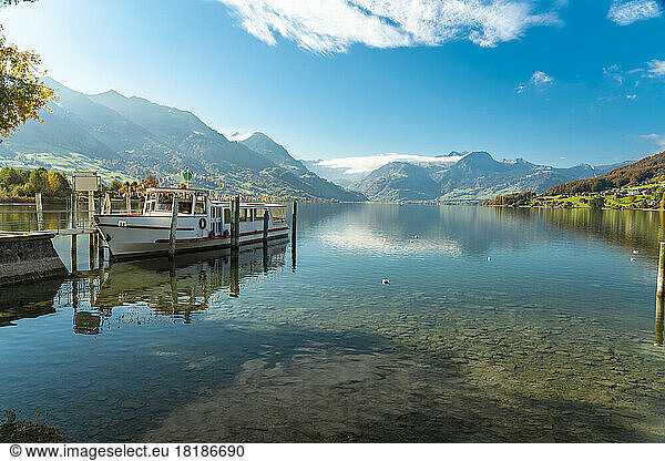 Switzerland  Obwalden  Sarnen  Ferry moored on shore of Lake Sarnen