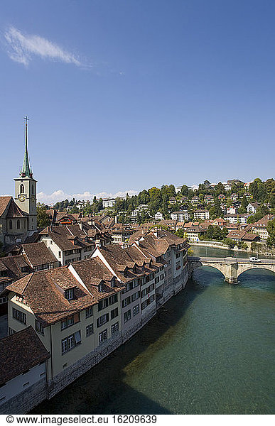 Switzerland  Old City of Bern  Buildings and bridge along Aare River