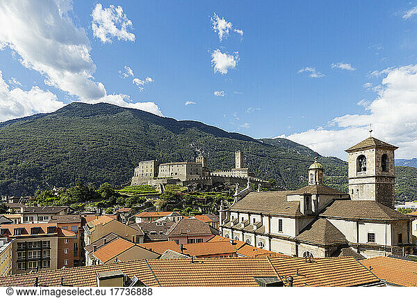 Switzerland  Ticino  Bellinzona  View of historic town situated at foot of Alps