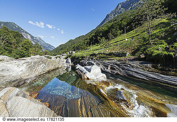 Switzerland  Ticino  Lavertezzo  Verzasca river flowing through Valle Verzasca in summer