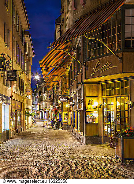 Switzerland  Vevey  Rue du Lac  restaurants and shops at night