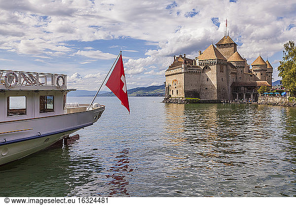 Switzerland  Veytaux  Lake Geneva  paddlesteamer at Chillon Castle
