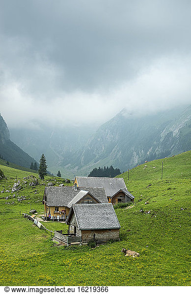 Switzerland  View of mountain hut at Seealpsee lake