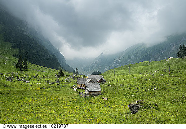 Switzerland  View of mountain hut at Seealpsee lake