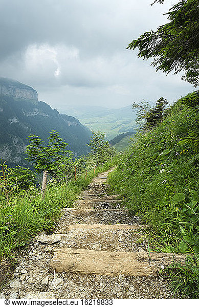 Switzerland  View of Schrennenweg hiking trail to Meglisalp