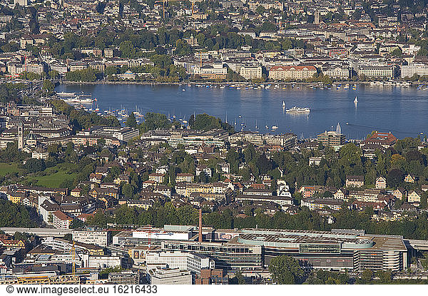 Switzerland  Zurich  Cityscape and lake Zurich  elevated view