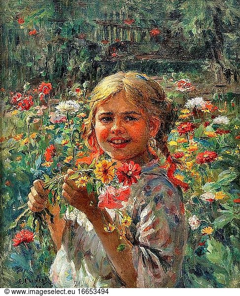 Sychkov Fedot Vasilievich - Junges Mädchen  das wilde Blumen sammelt - Russische Schule - 19. Jahrhundert.