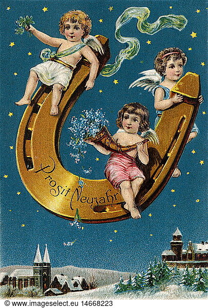 symbol / emblem / icon  good-luck charm  horseshoes  Prosit Neujahr (Happy New Year)  angel on horseshoe  Germany  lithograph  1904