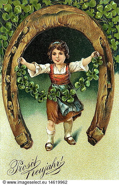 symbol / emblem / icon  New Year  girl with horseshoe  lithograph  picture postcard  Germany  circa 1905
