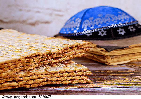 Symbol of Passover plate  matza with kipah in the Pesah celebration