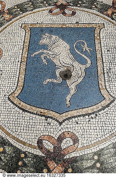 Symbol of Taurus  the bull. According to tradition  if one places one's heel on the testicles of the bull and spins three times  the person will receive luck. Mosaic floor in the Galleria Vittorio Emanuele II (Victor Emmanuel II Gallery). Piazza del Duomo  Milan  Lombardy  Italy  Europe.