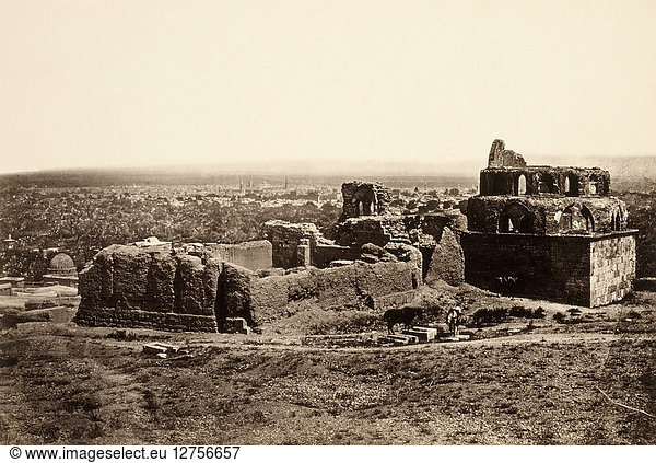SYRIA: DAMASCUS  c1860. Ruins of a stone structure  with the city of Damascus in the distance. Photograph by Francis Frith  c1860.