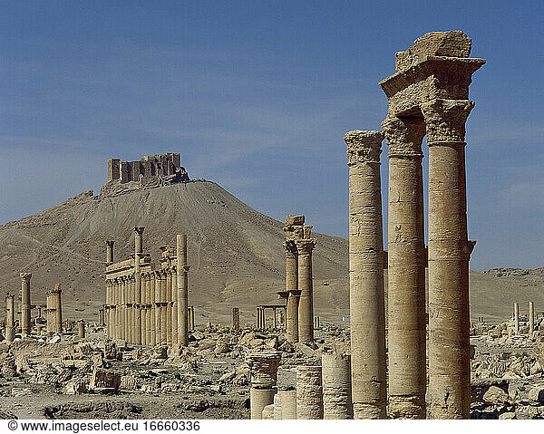 Syrien. Ruinen von Palmyra. Naher Osten. Große Kolonnade. 3. Jahrhundert nach Christus. Im Hintergrund die Festung von Qalat. Oase Tadmor.