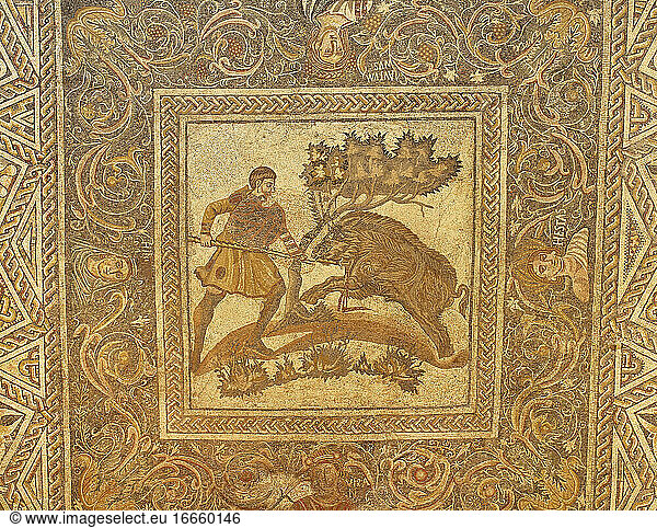 Szene einer Wildschweinjagd  Mosaik  das in Merida  Spanien  entdeckt wurde. Römisch  4. Jahrhundert. Nationalmuseum für Römische Kunst. Merida. Spanien.