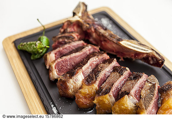T-bone steak on fancy dish