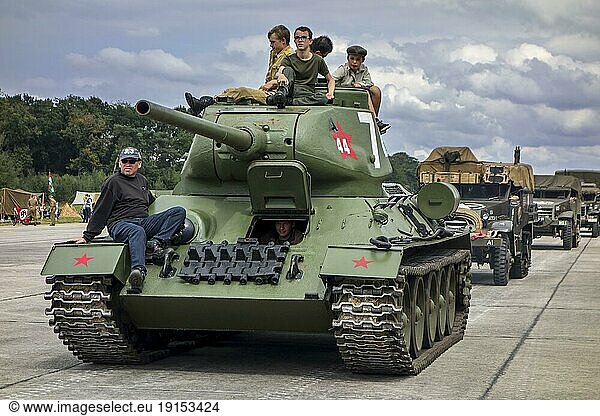 T-34 Soviet medium tank during WW2 military vehicles parade at Wold War Two militaria fair
