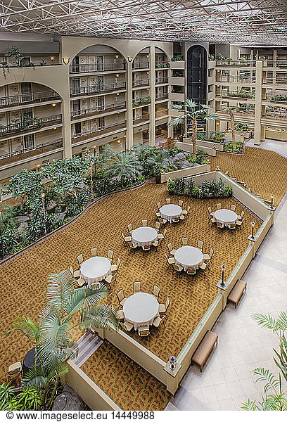 Tables in hotel courtyard