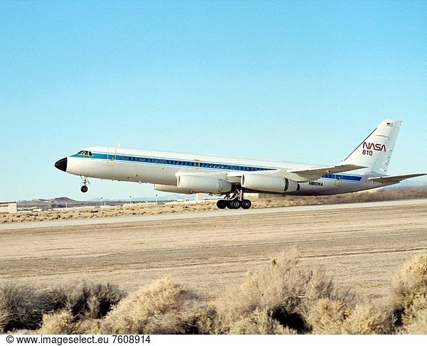 Taking off on a flight from NASA´s Dryden Flight Research Center  Edwards  California  is NASA´s Landing Systems Research Aircraft LSRA  a modified Convair CV 990. A new landing gear test fixture representative of the shuttle´s landing gear system had been installed in the lower fuselage of the CV_990 test aircraft between the aircraft´s normal main landing gear. Following initial flights  static loads testing and calibration of the test gear were conducted at Dryden. Tests allowed engineers to assess the performance of the space shuttle´s main and nose landing gear systems under varying conditions.
