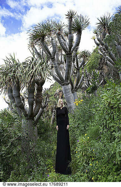 Tall woman exploring green forest on vacation  Grand Canary  Canary Islands  Spain