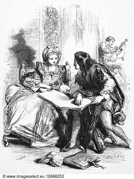 TAMING OF THE SHREW. Play by William Shakespeare. Lucentio  Hortensio  and Bianca. Wood engraving  English  19th century.