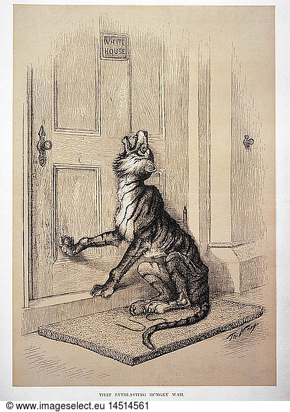 Tammany Tiger Wailing at Closed White House Door  That Everlasting Hungry Wail  Illustration  Harper's Weekly  1885