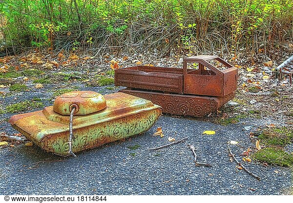 Tank and tracked vehicle  Golden Key kindergarten  Lost Place  Prypyat  Chernobyl exclusion zone  Ukraine  Eastern Europe  Europe