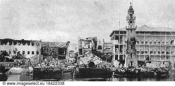 Tanzania / Zanzibar: The Sultan's Palace after the bombardment of 27 August  ending the Anglo-Zanzibar War of 1896The Anglo-Zanzibar War was fought between the United Kingdom and the Zanzibar Sultanate on 27 August 1896. The conflict lasted around 40 minutes  and is the shortest war in history. The immediate cause of the war was the death of the pro-British Sultan Hamad bin Thuwaini on 25 August 1896 and the subsequent succession of Sultan Khalid bin Barghash. The British authorities preferred Hamud bin Muhammed  who was more favourable to British interests  as sultan. In accordance with a treaty signed in 1886  a condition for accession to the sultanate was that the candidate obtain the permission of the British consul  and Khalid had not fulfilled this requirement. The British considered this a casus belli and sent an ultimatum to Khalid demanding that he order his forces to stand down and leave the palace. In response  Khalid called up his palace guard and barricaded himself inside the palace.The ultimatum expired at 09:00 East Africa Time (EAT) on 27 August  by which time the British had gathered three cruisers  two gunboats  150 marines and sailors  and 900 Zanzibaris in the harbour area. The Royal Navy contingent were under the command of Rear-Admiral Harry Rawson whilst their Zanzibaris were commanded by Brigadier-General Lloyd Mathews of the Zanzibar army (who was also the First Minister of Zanzibar). Around 2 800 Zanzibaris defended the palace; most were recruited from the civilian population  but they also included the sultan's palace guard and several hundred of his servants and slaves. The defenders had several artillery pieces and machine guns which were set in front of the palace sighted at the British ships. A bombardment which was opened at 09:02 set the palace on fire and disabled the defending artillery. A small naval action took place with the British sinking a Zanzibari royal yacht and two smaller vessels  and some shots were fired ineffectually at the pro-British Zanzibari troops as they approached the palace. The flag at the palace was shot down and fire ceased at 09:40.The sultan's forces sustained roughly 500 casualties  while only one British sailor was injured. Sultan Khalid received asylum in the German consulate before escaping to German East Africa (in the mainland part of present Tanzania). The British quickly placed Sultan Hamud in power at the head of a puppet government. The war marked the end of the Zanzibar Sultanate as a sovereign state and the start of a period of heavy British influence.