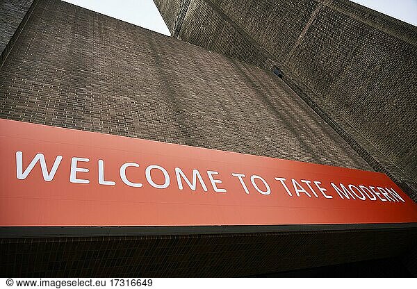 Tate Modern with Welcome to Tate Modern sign  London  England  United Kingdom  Europe