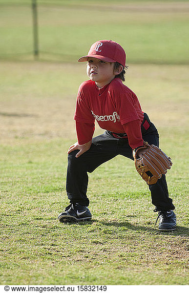 TBall-Baseballspieler in der Bereitschaftsposition auf dem Außenfeld