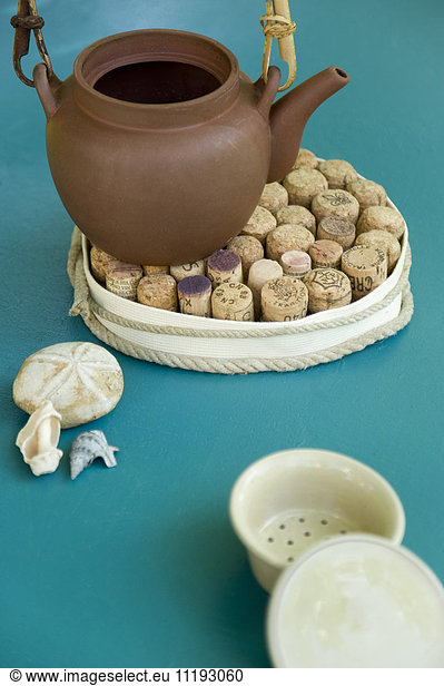 Tea pot on self made cork table mat