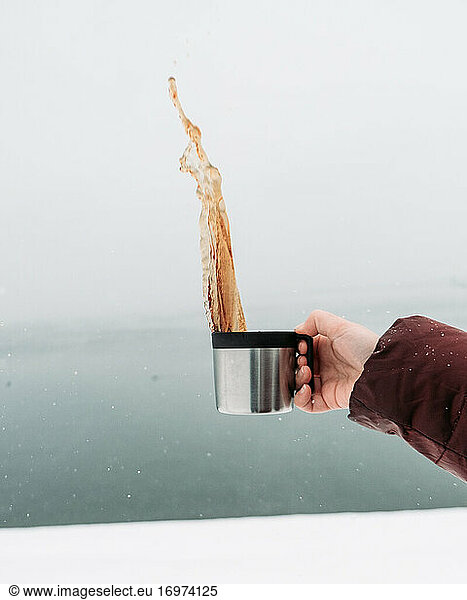 Tea splash on a frosty winter day