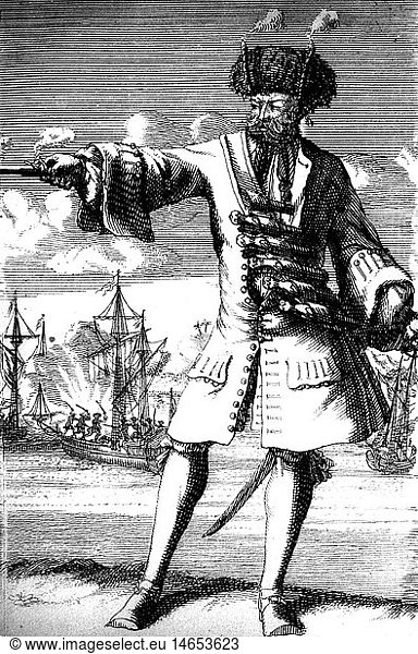 Teach  Edward  'Blackbeard'  um 1680 - 22.11.1718  engl. SeerÃ¤uber  Ganzfigur  Kupferstich  18. Jahrhundert Teach, Edward, 'Blackbeard', um 1680 - 22.11.1718, engl. SeerÃ¤uber, Ganzfigur, Kupferstich, 18. Jahrhundert,