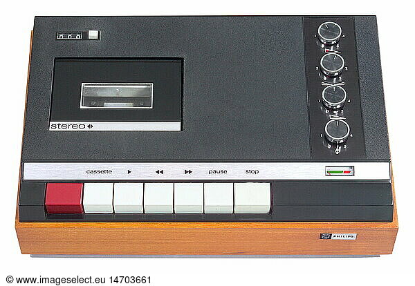 technics  audio  tape recorder  Philips Stereo 3312  first stereo tape recorder  Netherlands  1967  1960s  60s  20th century  historic  historical  case  compact tapes  push button  push buttons  sound  recording  device  technic  electronic  patent  invention  clipping  cut out  exhibit of the Klingenden Museum Riedenburg  cut-out  cut-outs
