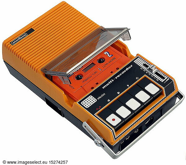 technics  cassette recorder  Nordmende  multi recorder 446 A edition  portable  with integrated microphone  for recording of speech and music  also useable as portable battery device  with 4 round cells  Germany  circa 1970