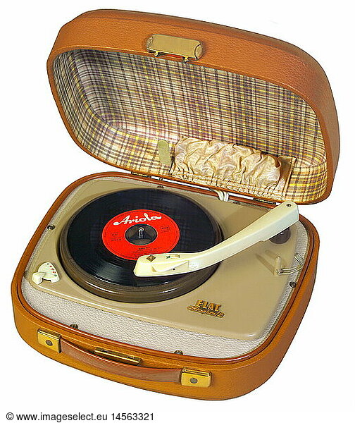 technics  record player  ELAC typ Miraphon 12  Germany  circa 1959  protable  made by Electroacustic GmbH Kiel  records  audio  phono  exponat at Klingenden Museum Riedenburg  clipping  cut out  1950s  50s  historic  historical  20th century  single record  Ariola  cut-out  cut-outs