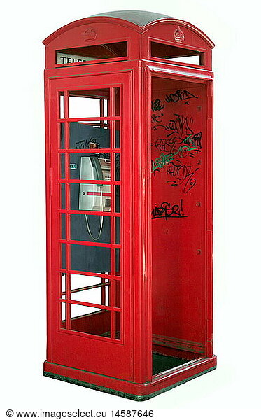 technics  telephones  British telephone box  Great Britain  historic  historical  20th century  red  English  public telephone  graffiti  British Telecom  clipping  cut out  cut-out  cut-outs