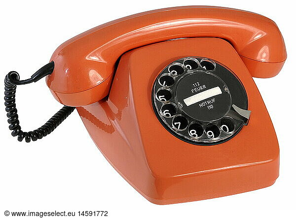 technics  telephones  telephone FeTAp 611-2  Germany  1974  1970s  70s  20th century  historic  historical  German Federal Post  plastic  dial  telephone receiver  telephone receivers  symbolic  symbolical  icon  symbol image  fixed-line network  landline network  still  design  clipping  cut out  cut-out  cut-outs