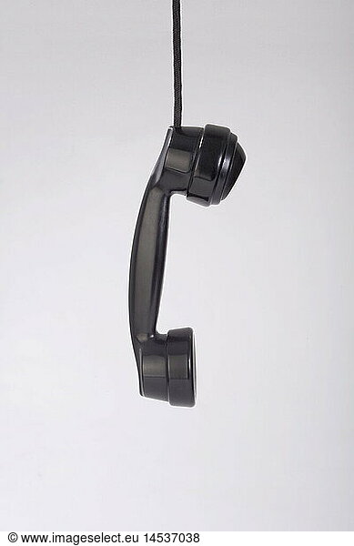 technics  telephones  telephone receiver  from 1930s telephone by Ericsson  20th century  historic  historical  black  bakelite  clipping  cut out  telephone receiver  telephone receivers  hanging  symbolic  symbolical  symbol image  cut-out  cut-outs