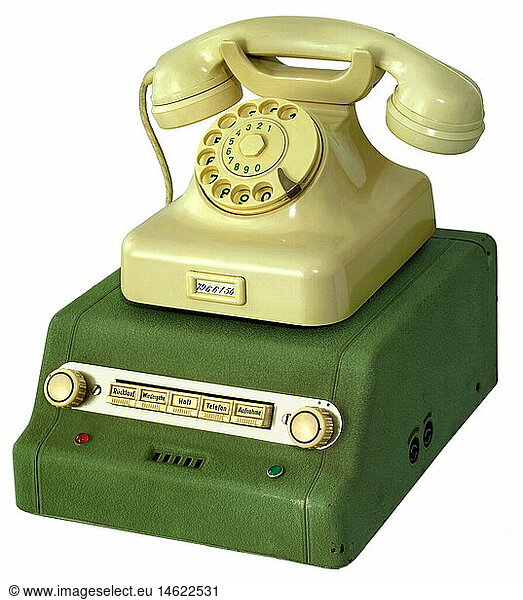 technics  telephones  telephone with answering machine  typ W48  produced by Reichhalter and Co.  Lindau  Germany  1950  invention  inventions  postwar period  clipping  cut out  office equipment  1950s  50s  20th century  historic  historical  phone  cut-out  cut-outs