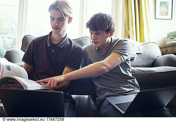 Teenage boys with laptops and textbook studying in living room