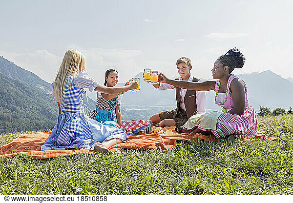 Teenage friends clinking glasses of orange juice during picnic  Bavaria  Germany