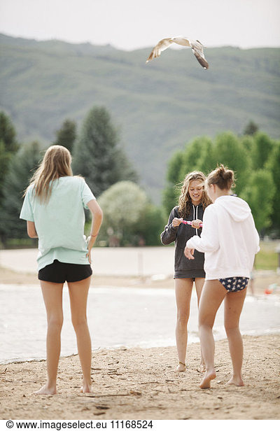 Teenage girls standing on a sandy beach by a lake.