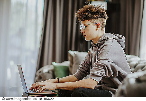 Teenage student studying through laptop at home