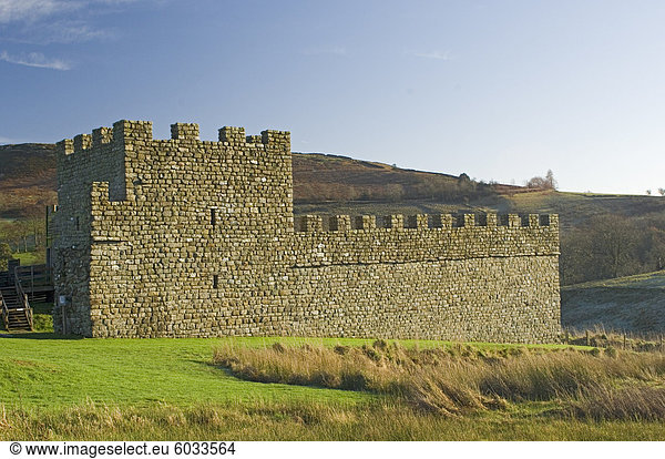 Teil Wiederaufbau der Mauer und Turm bei der römischen Siedlung und Festung in Vindolanda  UNESCO Weltkulturerbe  Northumbria  England  Vereinigtes Königreich  Europa