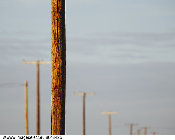 Telefonmasten und Stromleitungen in einer Reihe  in Belridge in Kalifornien.