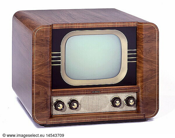 television / broadcast  TV set  Schaub FE 52  made by Schaub Apparatebau GmbH  Pforzheim  Germany  1951  historic  historical  technics  technic  invention  clipping  post war period  tv-set  set  wooden case  Made in Germany  1950s  50s  20th century  W. M. Weber collection  clipping  cut out  origin price: 1550 DM  cut-out  cut-outs
